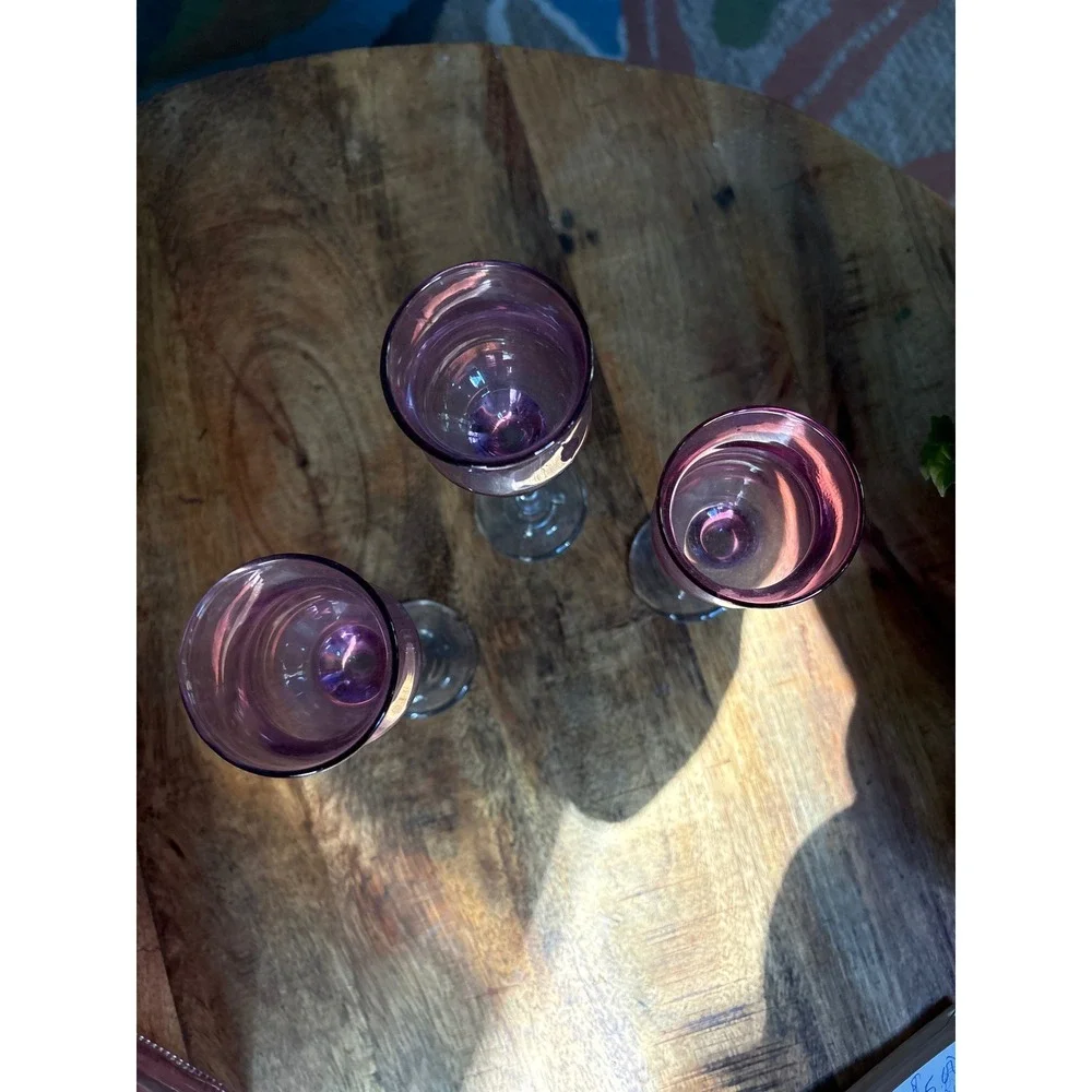 Set of 3 Amethyst Purple Iridescent Cordial Glasses Tulip Stemware Partylite